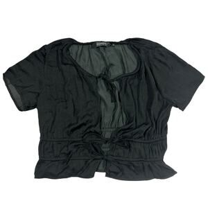 Glassons Black Tie Front Milkmaid Peplum Blouse Top Short Sleeve Size 6 Open